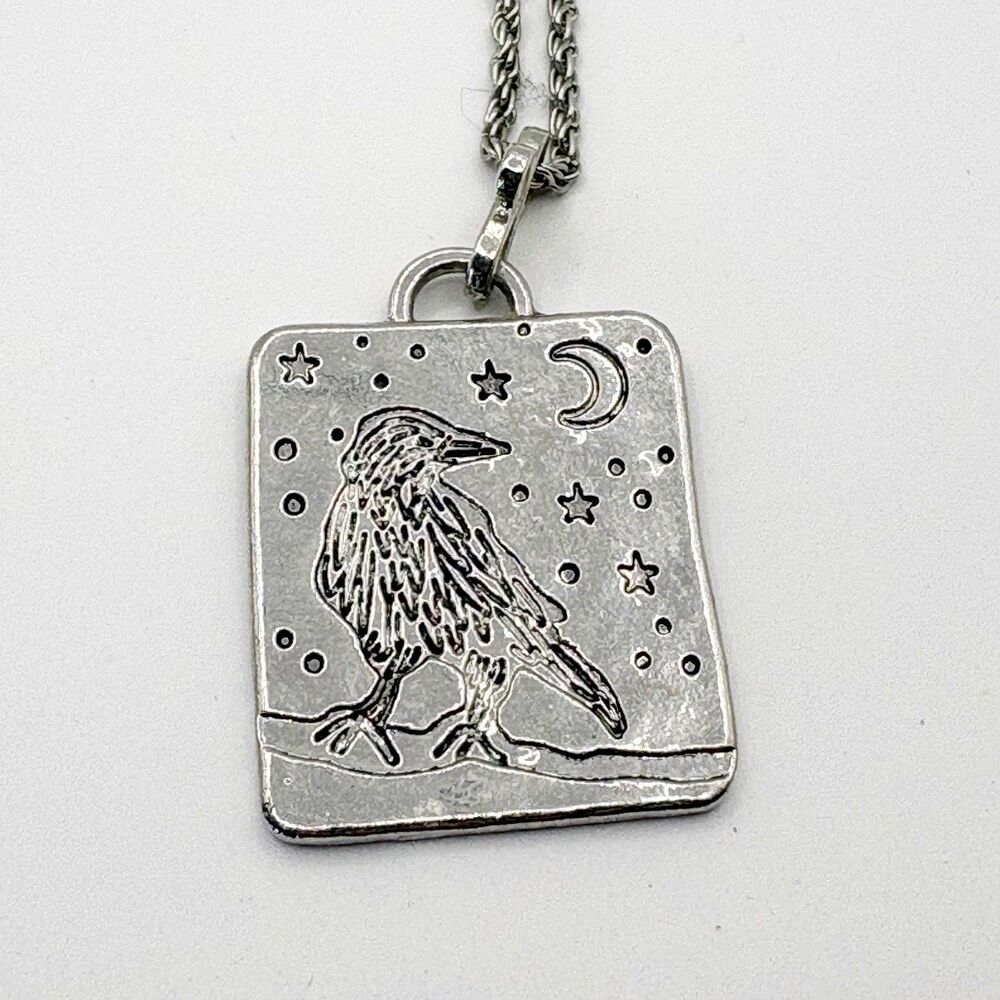 Crow Pendant Necklace Silver Tone 20” Mystical Witchy Halloween Gothic Norse